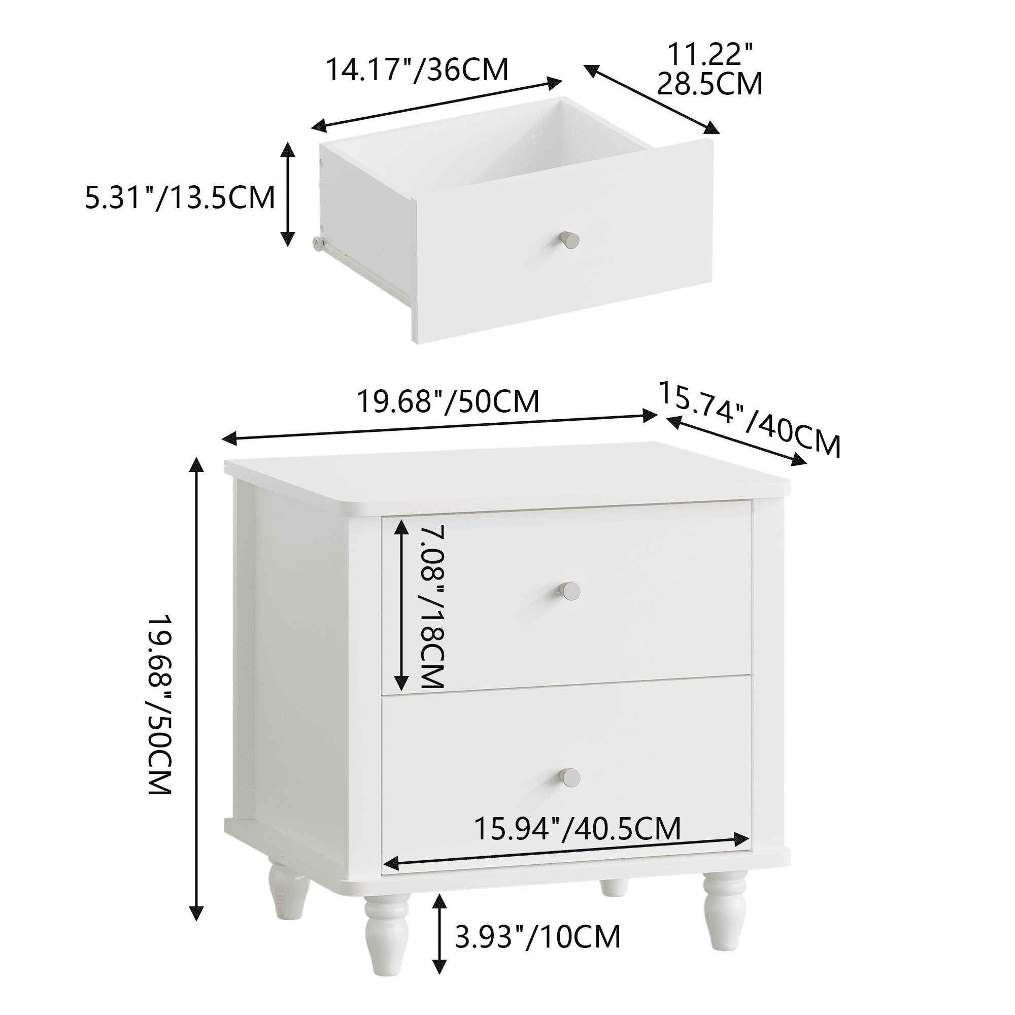 Modern 2-Drawer Nightstand, MDF Wooden Bedside Table with Round Knobs, Small Bedside Cabinet End Table for Bedroom, Living Room, Kids Room, White