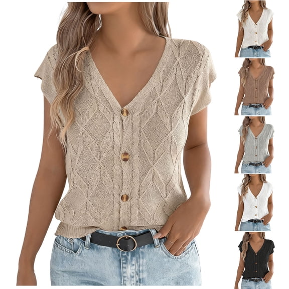 dazeni Short Sleeve Sweaters for Women Cap Sleeve Knit Button Down Shirs Summer Casual Cable Knitted V Neck Tops Black Large