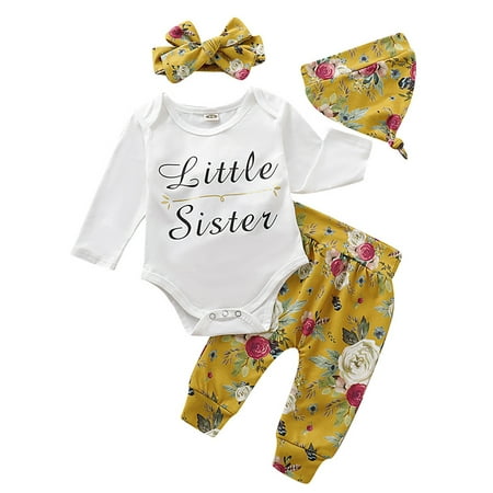 

Infant Newborn Baby Girls Little Sister Outfits Romper Bodysuit Tops + Long Pants + Hat + Headband 4Pcs Clothes Set