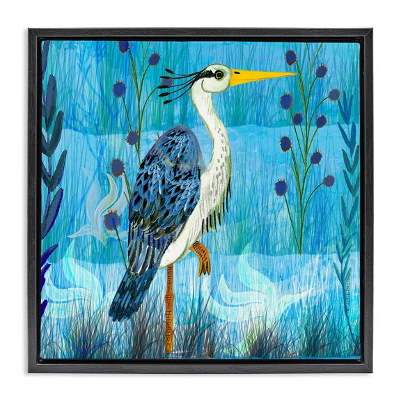 Stupell Industries Standing Crane with Blue Tones Animals Painting Black Floater Framed Canvas Art Print Wall Art, 18 x 18