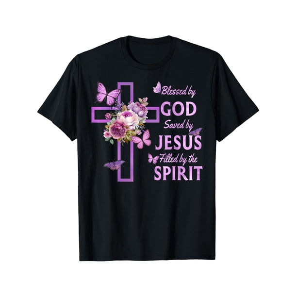Camiseta cristiana con cruz floral morada "Bendito por Dios, salvado por Jesús"