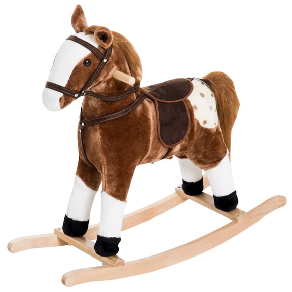 Qaba Plush Rocking Horse for Kids Brown Realistic Sounds Ride-On Toy for Children 3