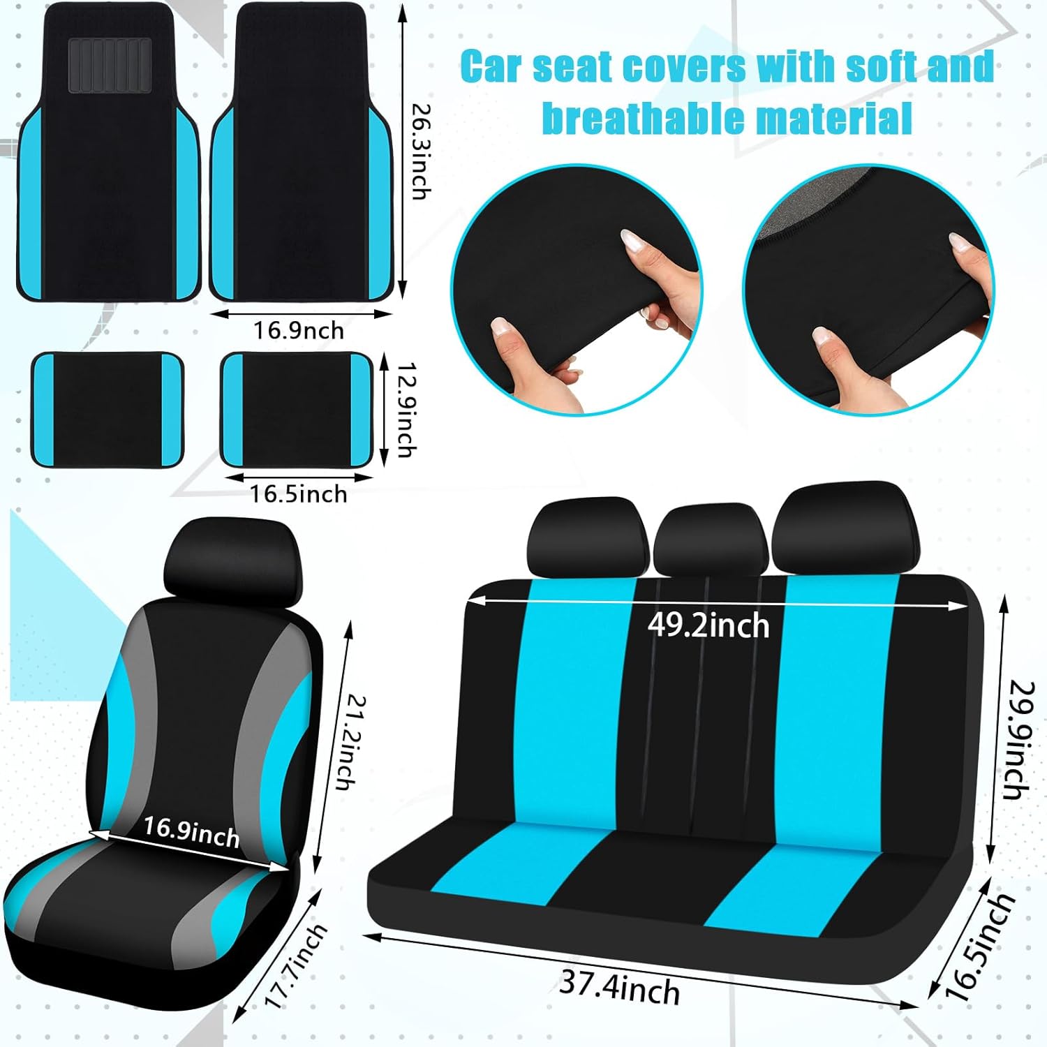 chalian 47 Pcs Car Seat Cover Full Set Car Accessories for Front Rear Seat Fluffy Steering Wheel Cover Belt Automotive Floor Mats Air Conditioner Decoration Strip(Lake Blue)
