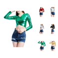thumbnail image 1 of Hauts Métalliques pour Femmes 2026 Tendance Manches Longues Col en V T-Shirt Court Ajusté Y2K Sortie Tenues Rave, 1 of 8