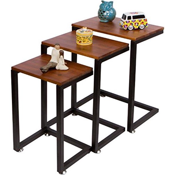 3Piece Cedar Wood & Metal Nesting End Table Set by Trademark