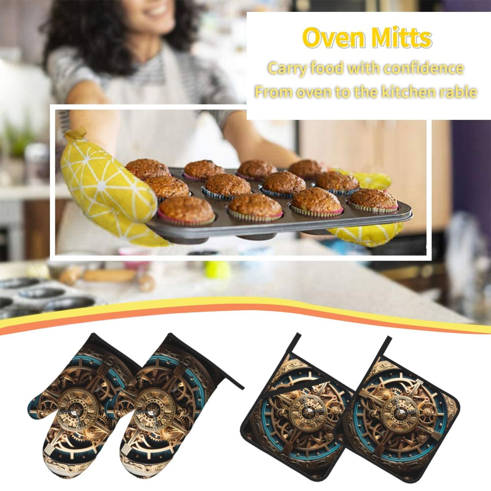 Steampunk Clockwork Wheels Art 4Pcs Oven Mitts and Pot Holders Sets Oven Kitchen Gloves Hot Pads for Cooking BBQ Baking Grilling