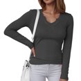 thumbnail image 2 of vigerkar Womens Long Sleeve Shirts V-Neck Rib Knit Slim Fit Tops Casual Stretch Basic Tee Going Out Top Fall Fashion (Grey, L), 2 of 6