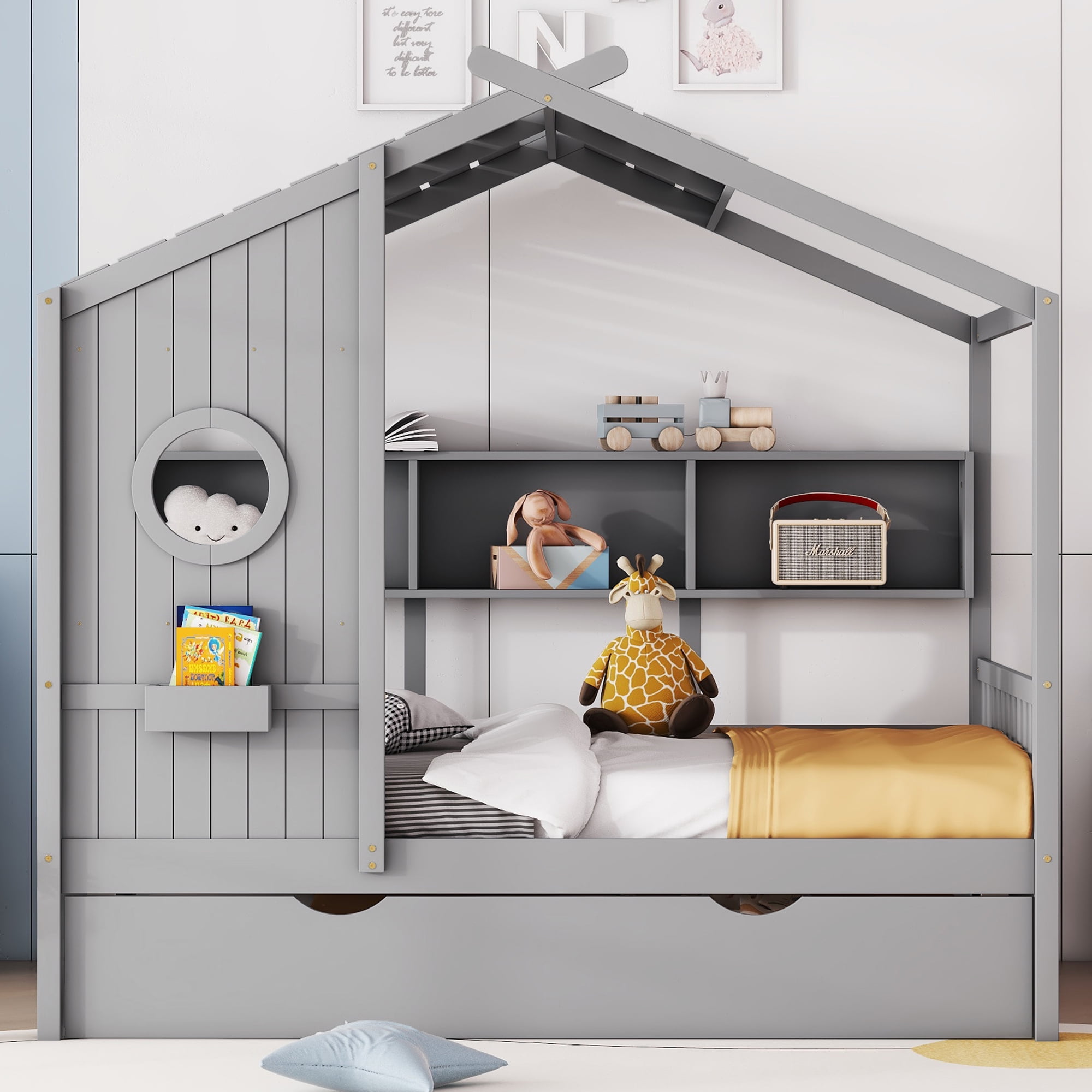 Harper & Bright Designs Wooden Full Size House Bed Frame with Trundle and Storage Shelves, House-Shaped Beds with Roof and Window Design for Girls Boys Bedroom, Gray