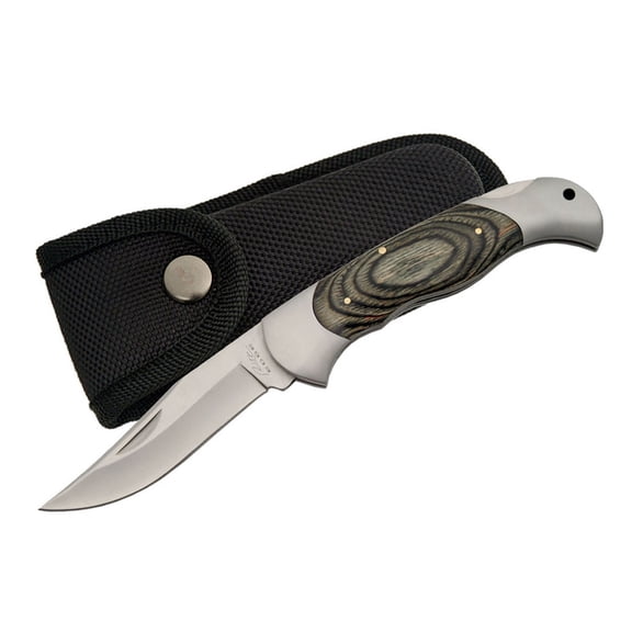 SZCO 4.75" Classic Grip Folding Knife, Stainless Steel Blade with Black Wood Handle and Double Bolsters, Lockback Utility Tool for Everyday Carry with Nylon Sheath