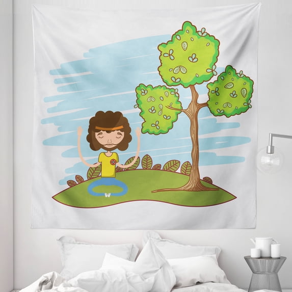 Hippie Tree Tapestry, Connecting to Nature Feel the Power Deep Down of Soul Cartoon Style Drawing, Fabric Wall Hanging Decor for Bedroom Living Room Dorm, 5 Sizes, Multicolor, by Ambesonne