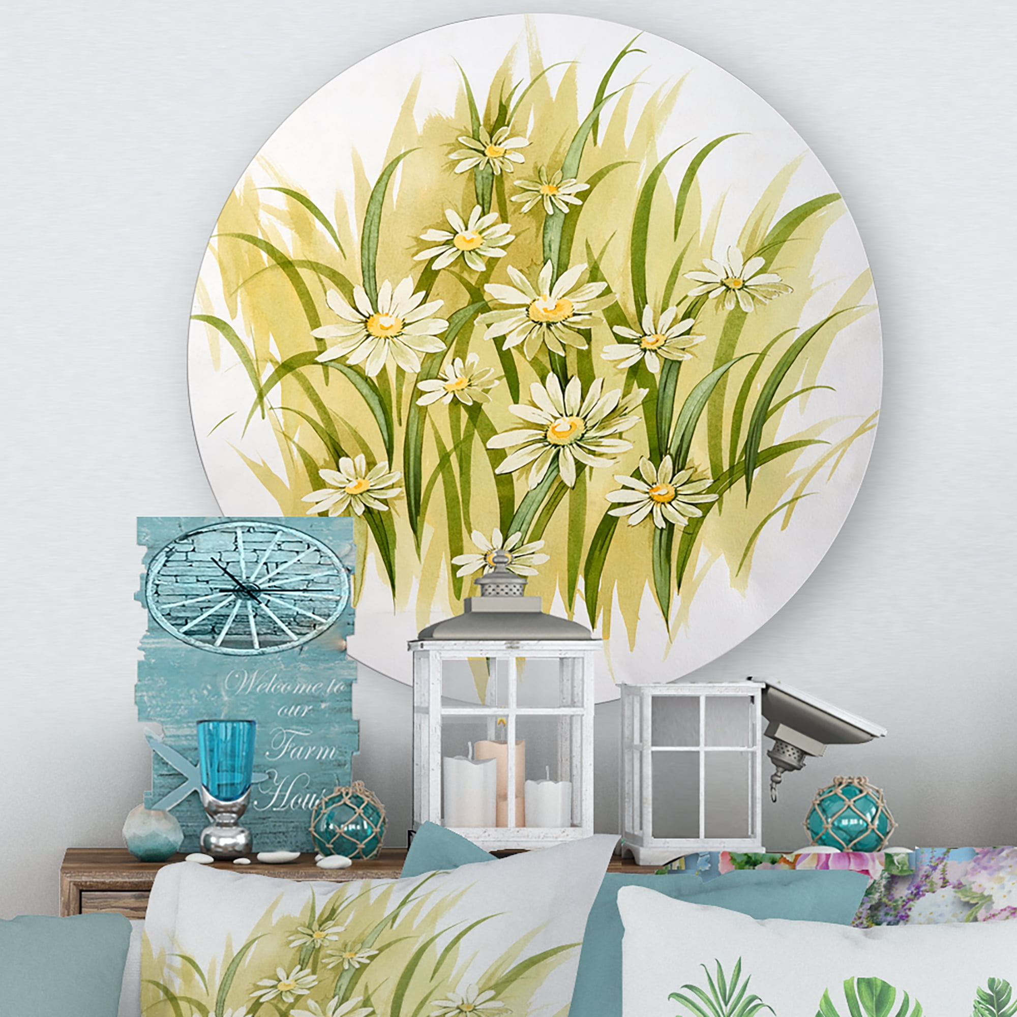 Designart 'Abstract White Meadow Flowers' Traditional Circle Metal Wall Art 23x23 - Disc of 23