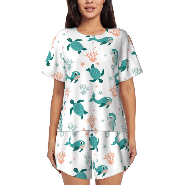 Balery Turtles And Seahorses Conjunto de Pijama para Mujer con Estampado, Dos Piezas de Manga Corta y Shorts, Ropa de Dormir Suave con Cuello Redondo y Bolsillos-3X-Large