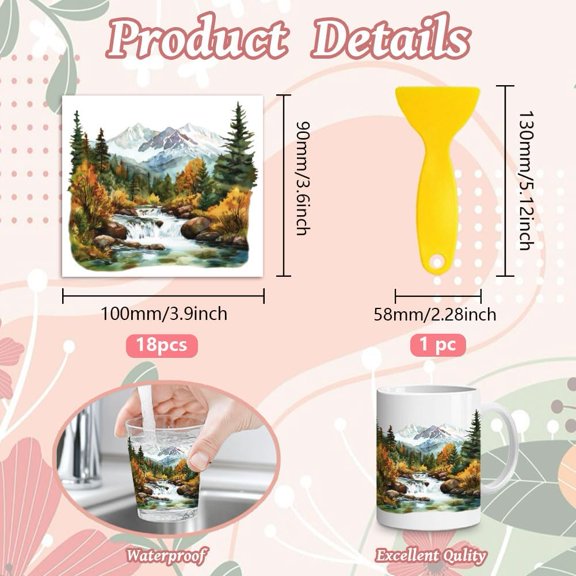 18 Sheets Rub On Transfers for Crafts Landscape UV DTF Cup Wrap Waterproof Cold Transfers Stickers for Wood Glass Home Decor 3.6 * 3.9inch