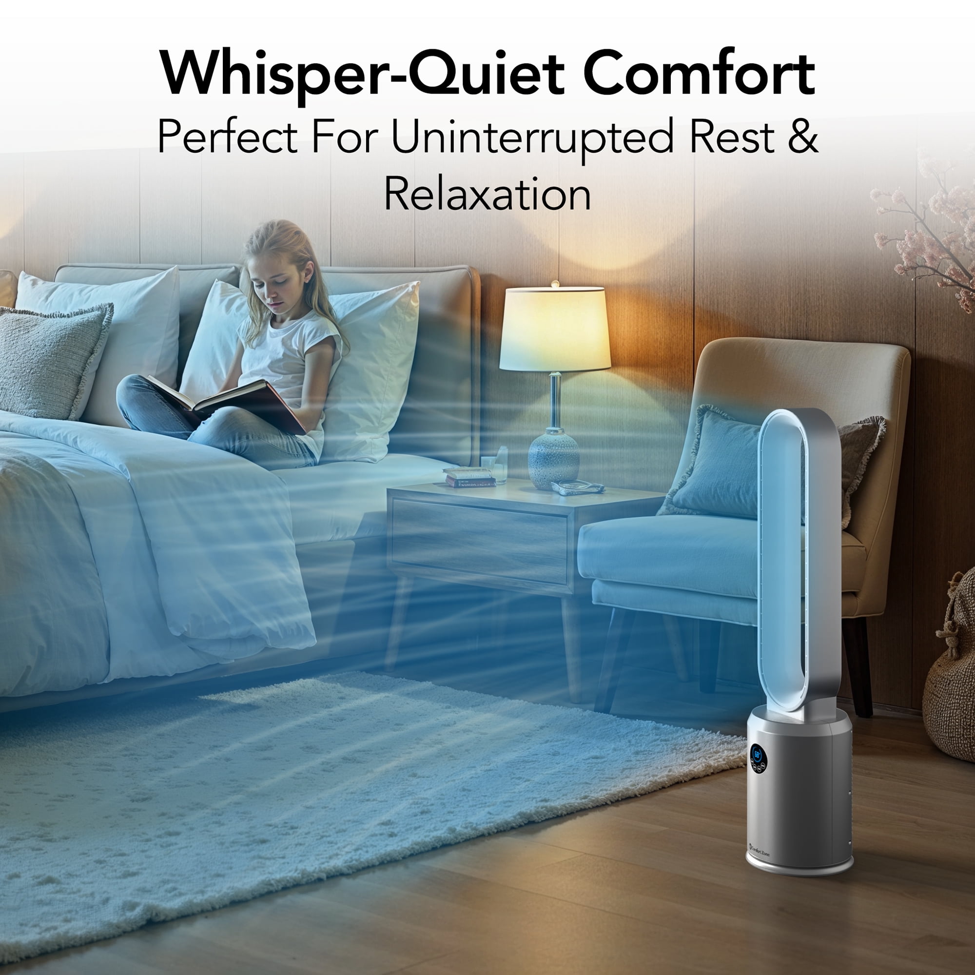 Comfort Zone 40" Bladeless Tower Fan with Remote Control, 9H Timer, Silver