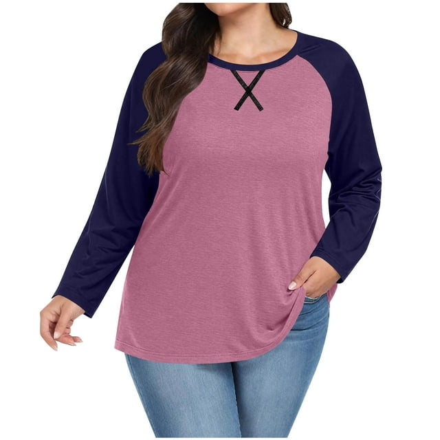 BLVB Plus Size Tops for Women Long Sleeve Casual Crewneck Ragal Shirts Color Block Tunic Henley Fall Blouse S-5XL