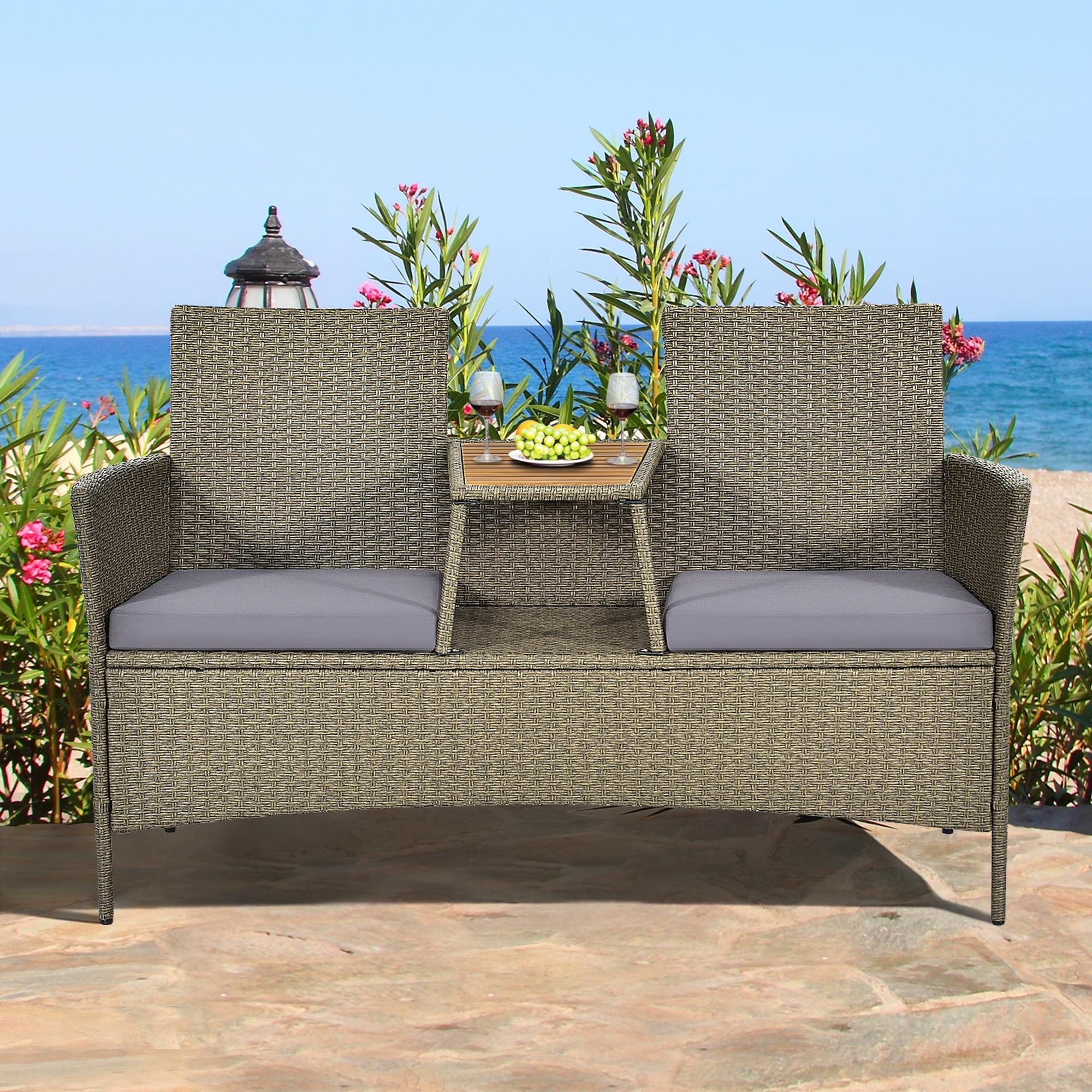 Gymax Patio Rattan Loveseat Outdoor 2-Person Conversation Set w/ Built-in Table