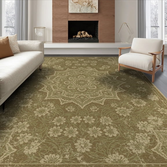ODIKA 8'x10' Washable Area Rug Boho Faded Central Emblem Weathered Interlocking Motif Design for Dining Room, Large Office, Lounge, Non-Slip Chair-Friendly Mat