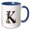 Blue/White, variant on 3drose, Alluring Letter K. Halloween Monogram, Broom, Wizard Hat, Cat Art, 15oz Mug