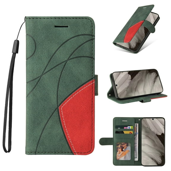 SaniMore for Google Pixel 8 Case with Folding Kickstand, Shock Resistant Magnetic Wallet PU Leather Cover with RFID Blocking Card Holder + Hand Strap Shockproof Protective Shell, Green