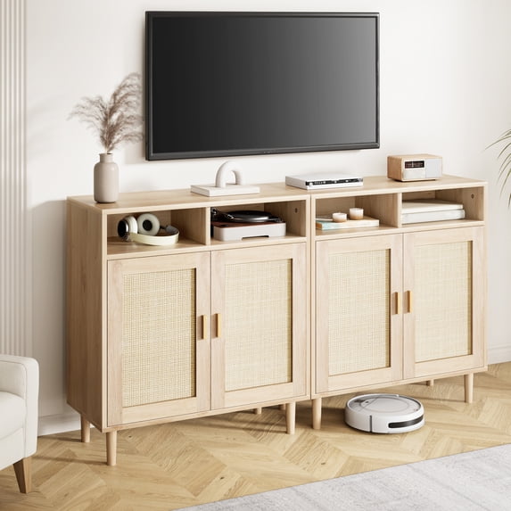 Rattan Buffet Cabinet with Storage,2 Door Kitchen Storage Cabinet with Shelves, Wood Sideboard Cabinet for Kitchen,Shoe Cabinet Storage for Entryway Living Room Dining Room Bedroom