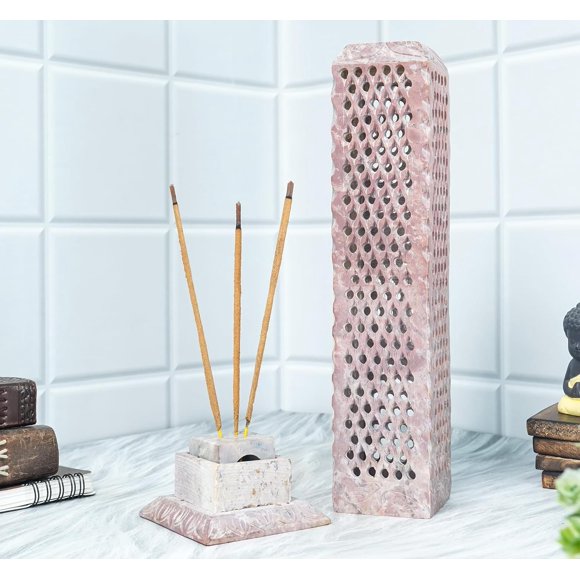 Crocon Handmade Incense Tower Candle Stick Holder Soapstone Leaf Design Tea Light Tower Burner | Candles Stand |Office Decor Room Fragrance Decorative Kitchen Home Spa Great Gift Set - 3X3x11 Inch