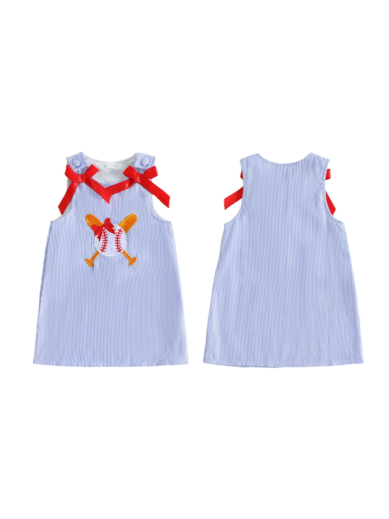 BemeyourBBs Toddler Baby Girl Summer Striped Tank Dress Overalls 6 12 18 24 Months 2 3 4 5  Years Cute Baseball Embroidery Cute Bow Sleeveless Overalls Casual Dress