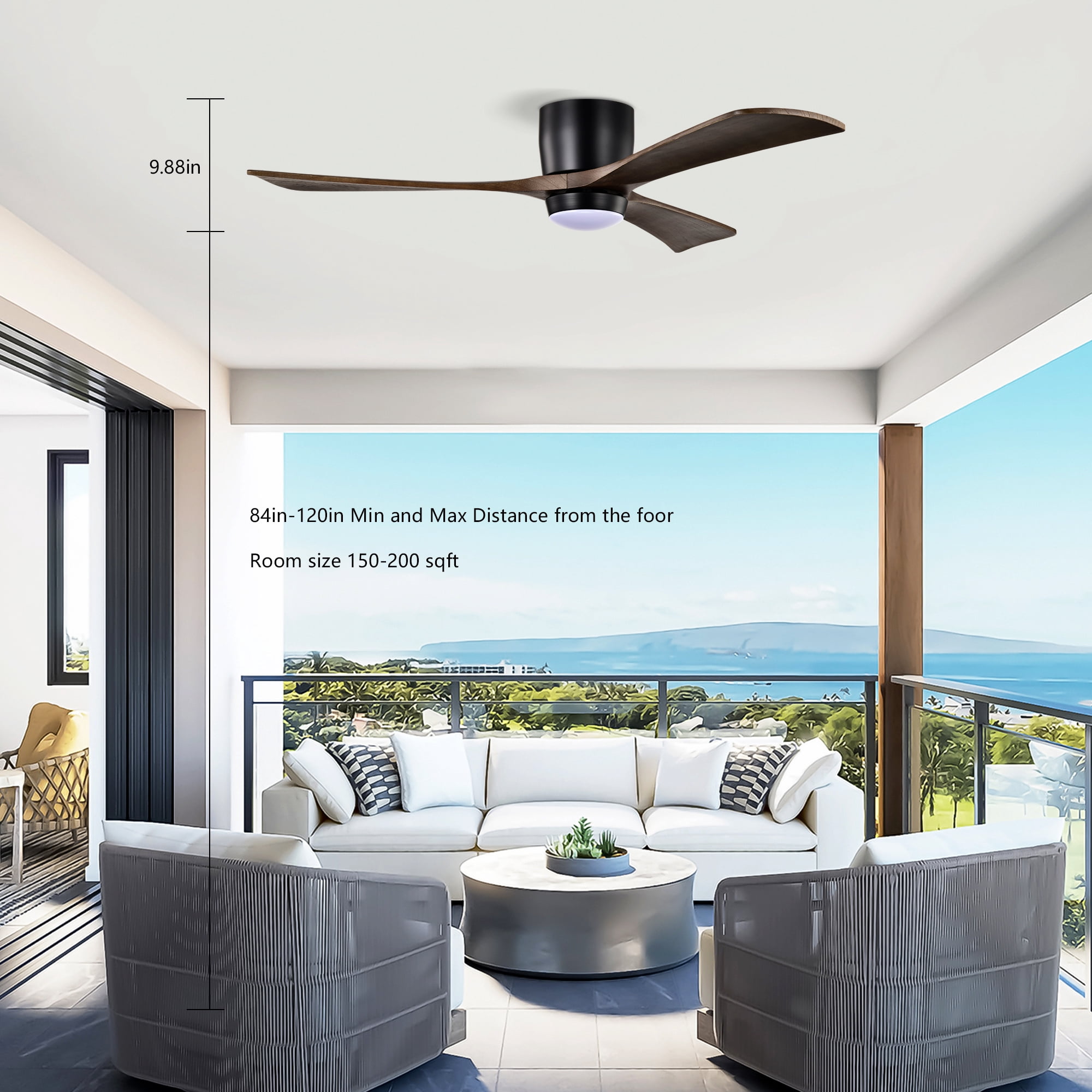 Flush Mount Ceiling Fan with Light, 52 Inch Solid Wood Blade Fan for Household Low Ceiling Room, Matte Black