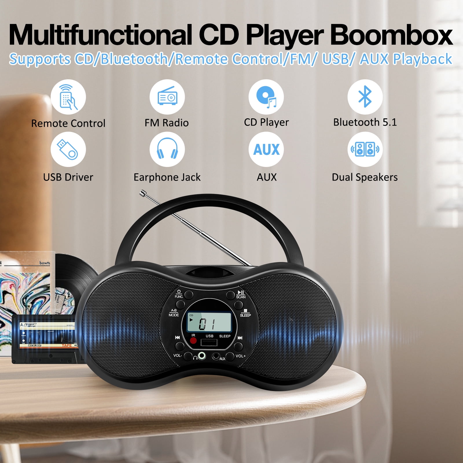 Portable CD Player Boombox with FM Radio, Bluetooth, and USB Port ,Stereo Sound with Remote Control,CD-R/RW and MP3 CDs Compatible,3.5mm Aux Input and Headphone Jack.
