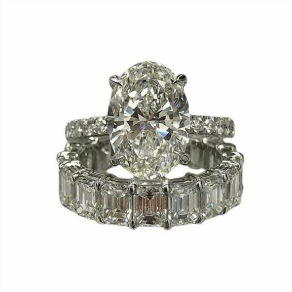 HeartsAndYou 7ct Moissanite Bridal Set Eternity Band Halo Engagement Ring for Women 18k White Gold Over Silver