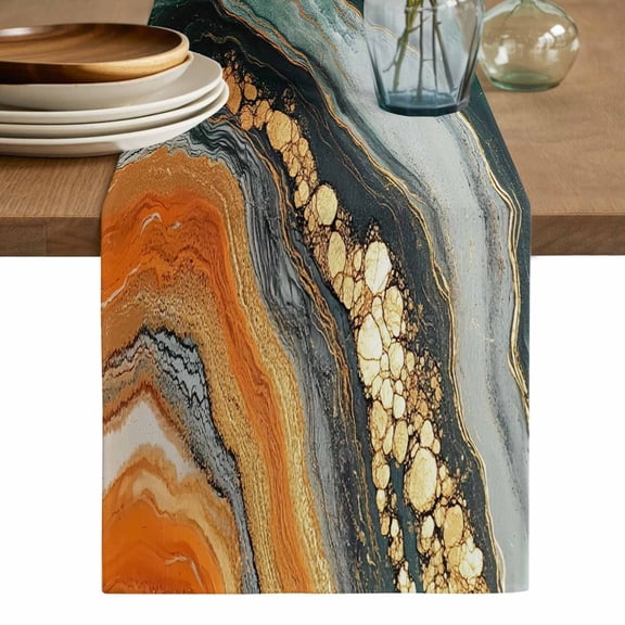 Teal Orange Marble Table Runner, Modern Ink Painting Striped Abstract Washable Cotton Linen Table Runners 90 Inches Long, Dresser Scarf Runner for Dining/Coffee/Kitchen/Hallway Tables 13''x90''