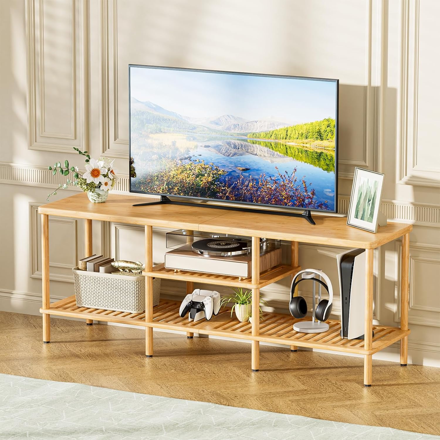 FITUEYES Corner Floor TV Stand With Mount - Adjustable Height, Wheels, Storage For 55-78 Inch TVs, VESA 400x600 13 thumbnail image