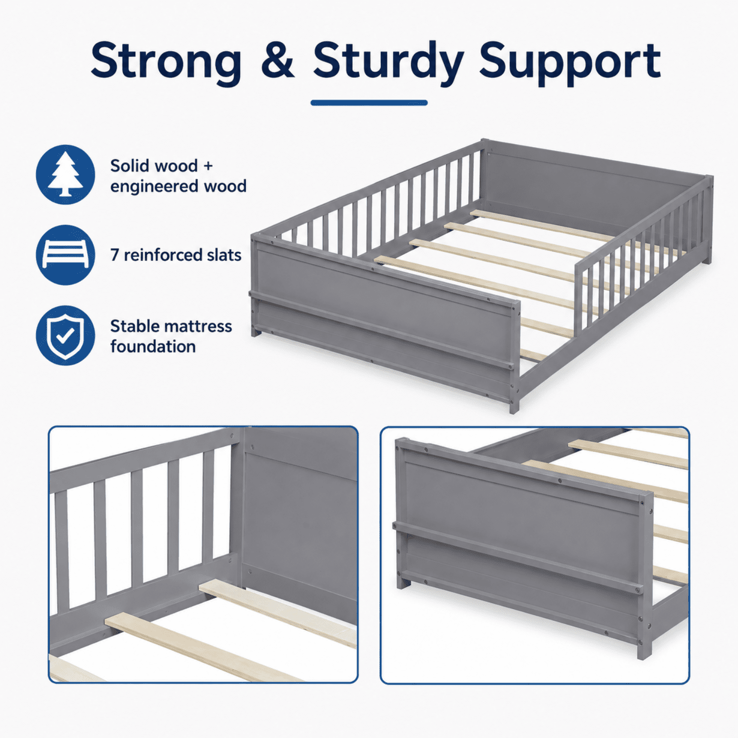Miniyam Full Size Kids Floor Bed with Guardrails and Bookshelf, Wooden Low Profile Bed, Gray