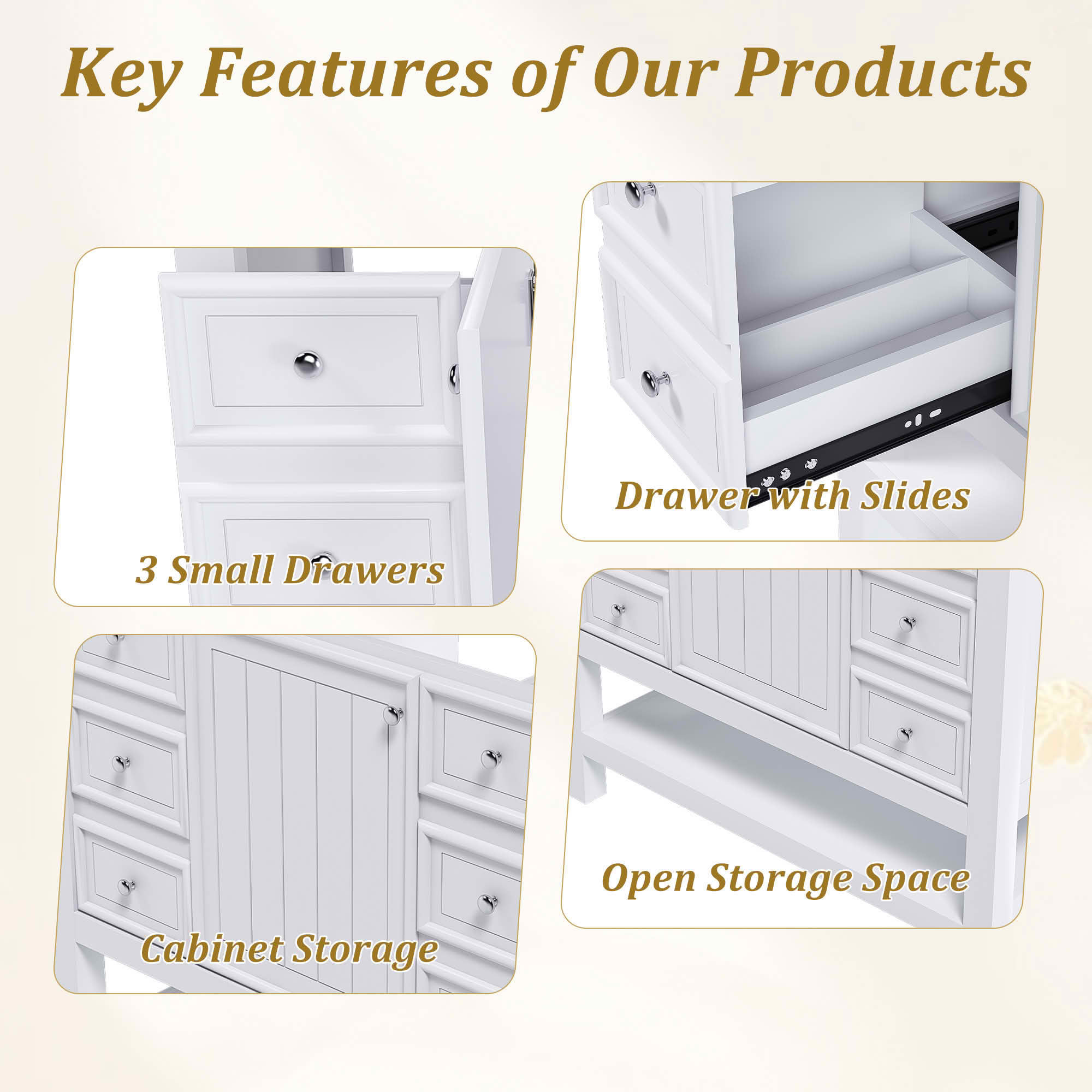 MAYEERTY 36" Bathroom Vanity without Sink 1 Cabinet 3 Drawers Solid Wood Frame MDF White