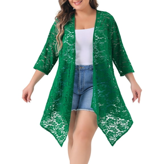 DARING DIVA Plus Size Fall 3/4 Sleeve Lightweight Lace Cardigan 1X Dark Green