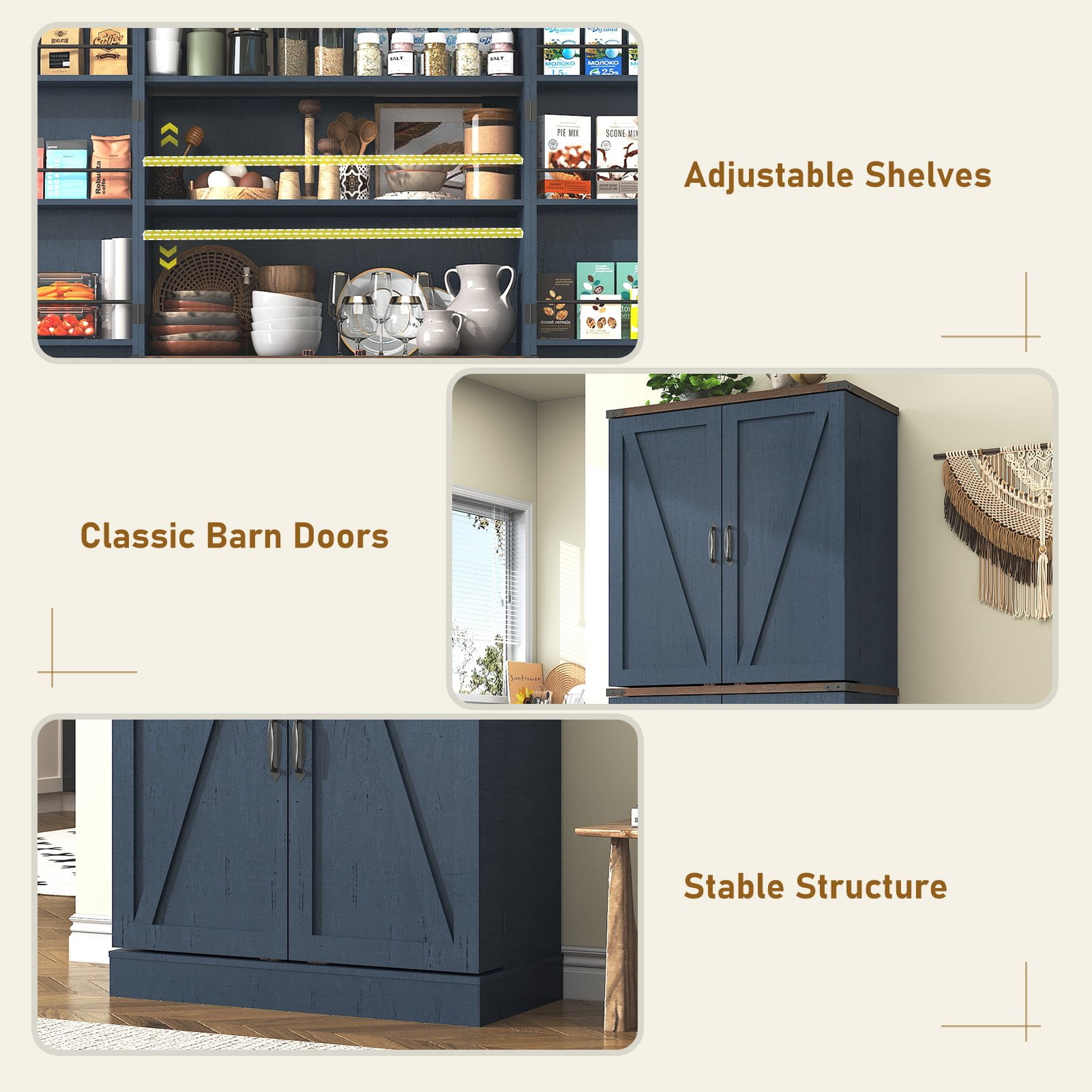 71" Tall Farmhouse Kitchen Pantry with 12 Side Shelves & Adjustable Shelves, 5 Layers Pantry Storage Cabinet w/Load-Bearing Steel Pipe & 4 Barn Doors for Kitchen, Dining Room, Living Room, Blue