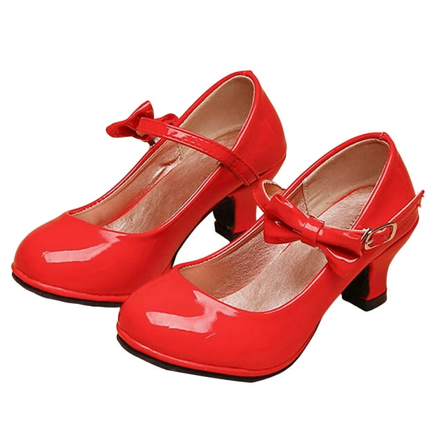 Dakaela Chaussures Habillées pour Filles à Talon Haut Épais Escarpins Princesse Mary Jane Mignon Nœud Mariage Fête Bal Chaussures pour Petites Enfants Rouge 1