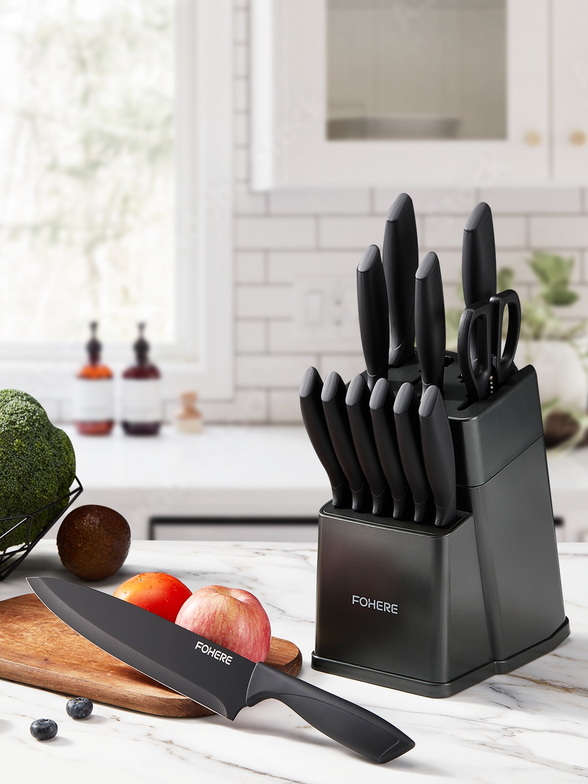 FOHERE Knife Set, 13 Pieces Self Sharpening Stainless Steel Kitchen Knife Set, Matte Gray
