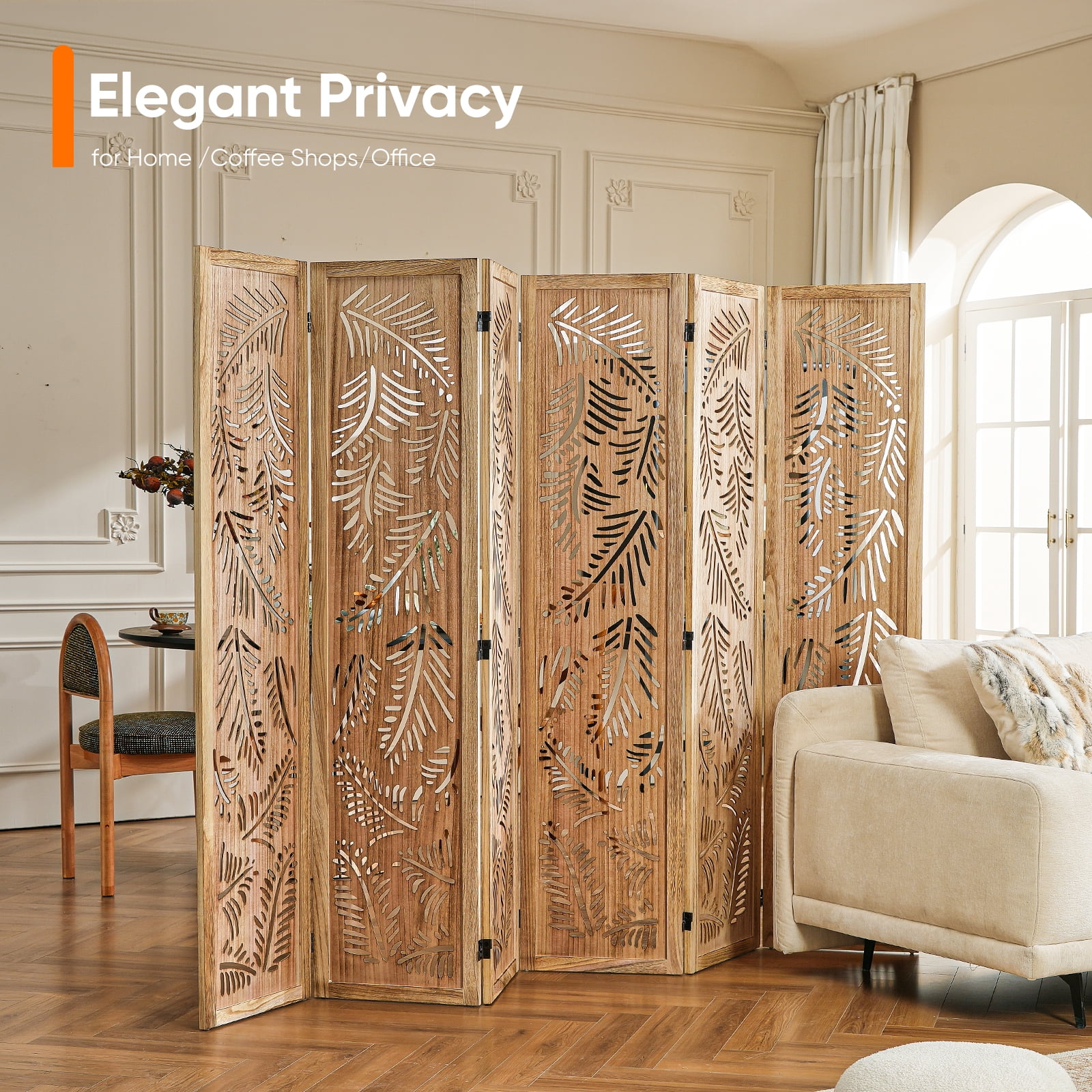 Jostyle 6 Panel Solid Wood Room Divider Privacy Screen - Freestanding Folding Partition with Feather Openwork Design, Paulownia Wood Frame Natural, No Assembly for Living Room, Bedroom, Office