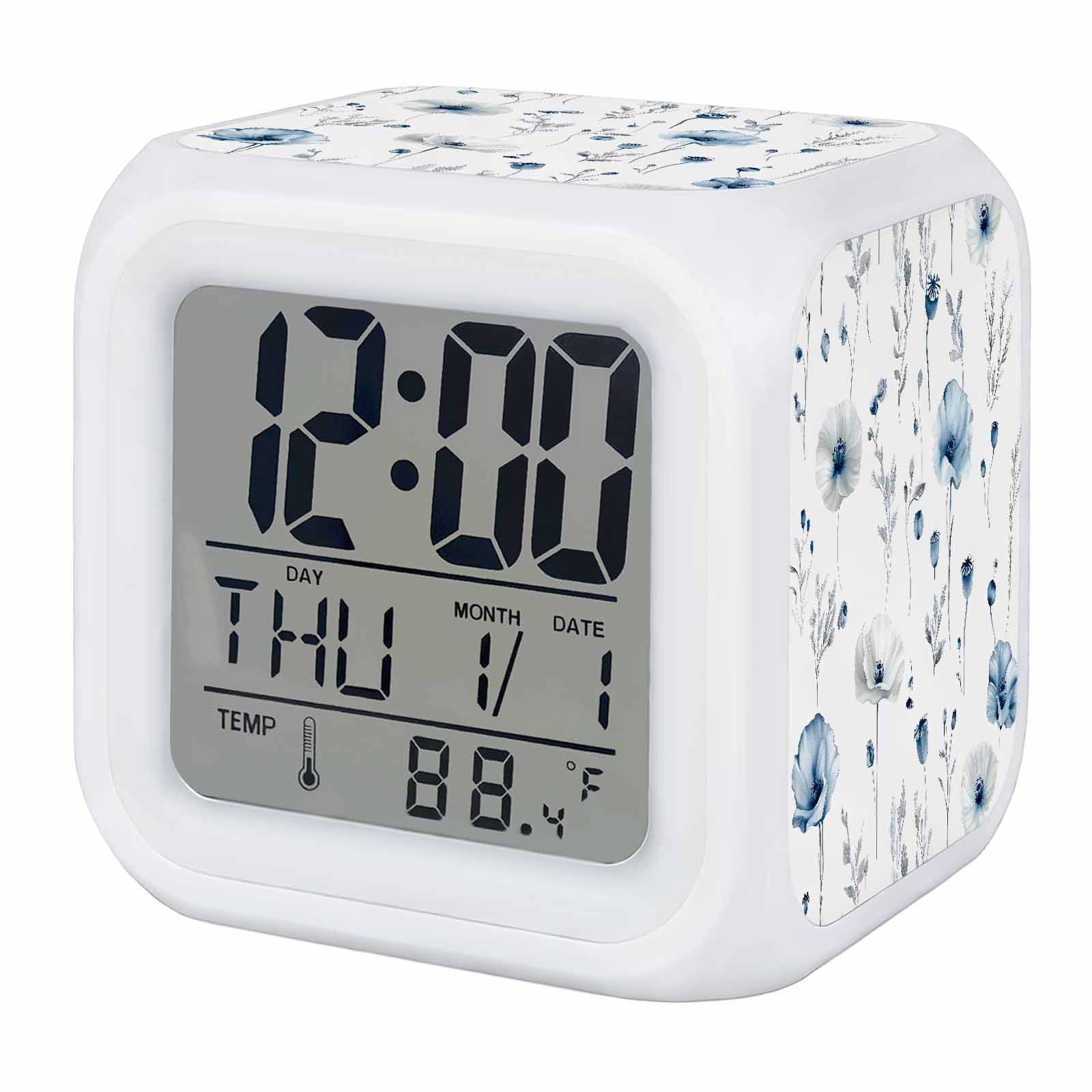 Vintage Alarm Clock, Country Farm Blue Flower Poppy Leaf Digital Clock Night Light with 7 Color, Calendar Temperature Display, LED Desk Small Clock for Bedrooms Bedside Living Room