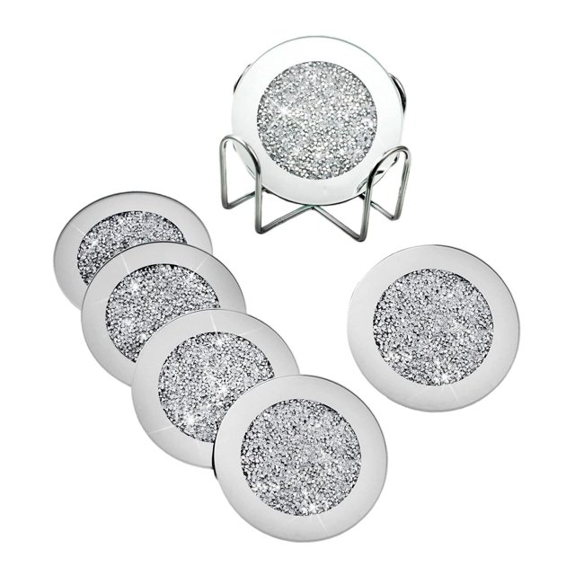 Posavasos de vidrio espejado de 4 pulgadas Posavasos de diamante triturado redondo con purpurina para Astilla