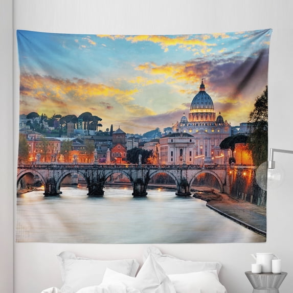 Italy Tapestry, Vatican Rome View in the Evening Landmark Travel Italian Destination Image Print, Fabric Wall Hanging Decor for Bedroom Living Room Dorm, 5 Sizes, Multicolor, by Ambesonne