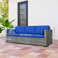 thumbnail image 2 of Blue 3-Seater PE Rattan Patio Sofa with Cushions | Outdoor Conversation Couch for Garden, Deck, Poolside & Terrace | Durable Steel Frame & Water-Resistant Design, 2 of 7