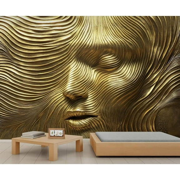 Relief Woman Wall Mural, Stereo Abstract Wave Lines 3D Wallpaper, Luxury Gold Stripes Wall Sticker Wall Decor For Bedroom Living Room Children's Room 55"W x 28"H (Not Peel and Stick)