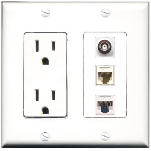 RiteAV - 15 Amp Power Outlet 1 Port BNC 1 Port Cat5e Ethernet White 1 Port Cat6 Ethernet Ethernet White Decorative Wall Plate