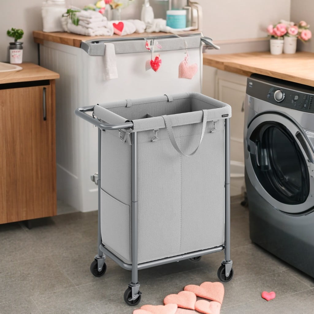 2-Section Rolling Laundry Basket Storage with Wheels, 37 Gallons Laundry Hamper, Removable Liner, Steel Frame with Handle,27.2 x 15.4 x 31.9 Inches