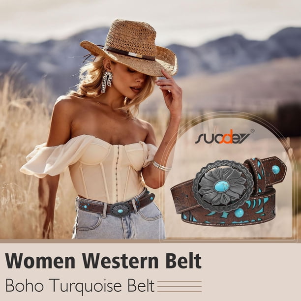 SUOSDEY Turquoise Buckle Western Leather Belt for Women Men  display picture 3