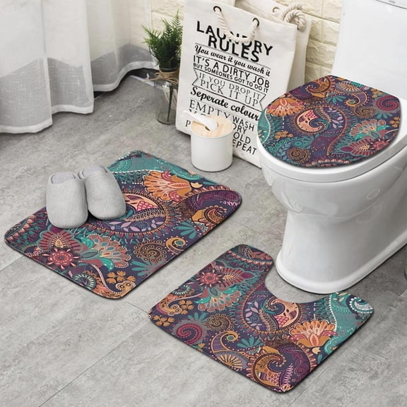 Multicolor Paisley Pattern Bathroom Rugs Sets 3 Piece,Toilet Cover Set,Absorbent Non Slip Bathroom Mats Sets with U-Shaped Contour Rug Toilet Rug Set