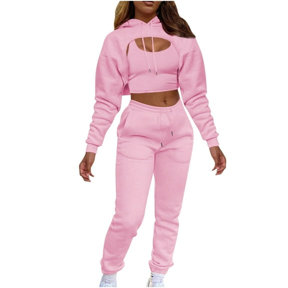 Mrat Long Sleeve Hooded Set Hoodie Sweatshirt and Jogger Pants Ladies Plush Drawstring Hoodie With Cotton Vest And Jogging Pants Three Piece Suit Long Sleeve V Neck Longs Set