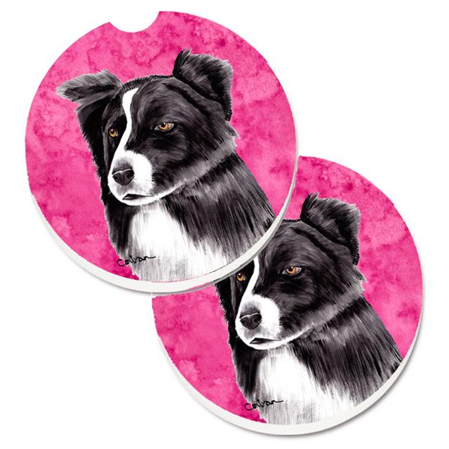 Pink Border Collie Set of 2 Cup Holder Car Coaster