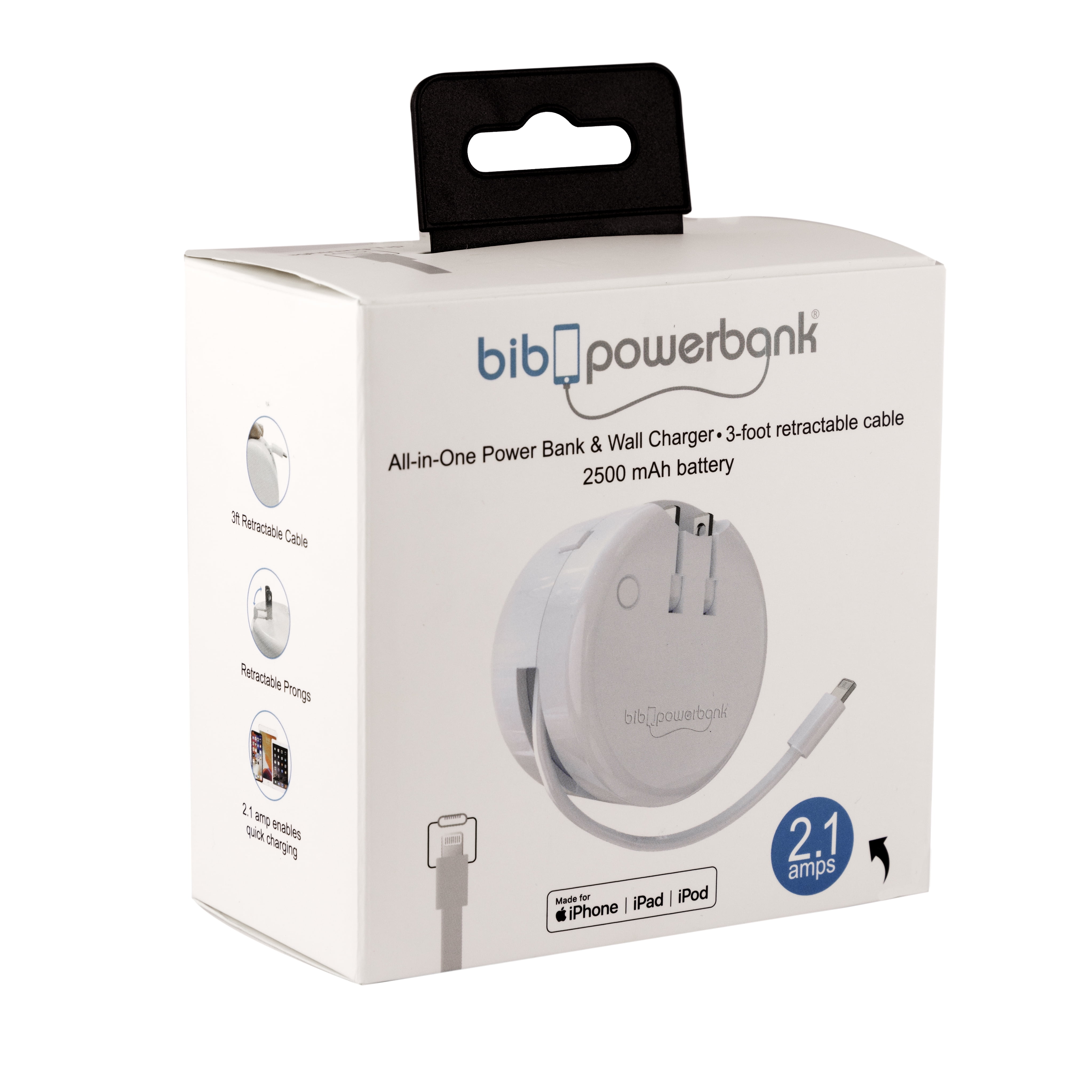 Bibicord 3-in-1 Retractable Lightning Cable, Wall Charger & Power Bank, Compatible with iPhone 14/13/12 (Mint Julep)